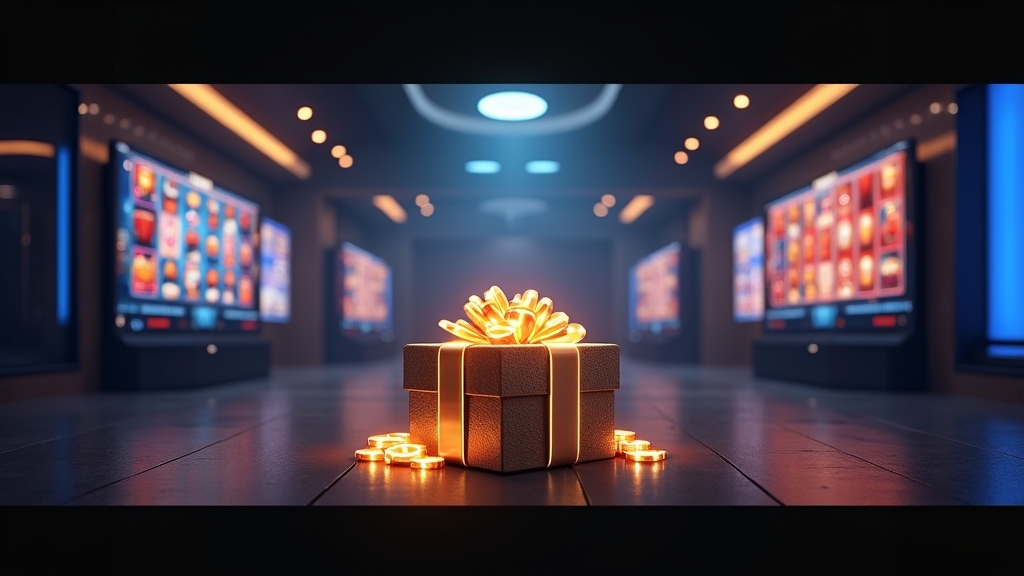 Willkommensbonus im Casino mit Geschenkbox und leuchtenden Spielfeldern