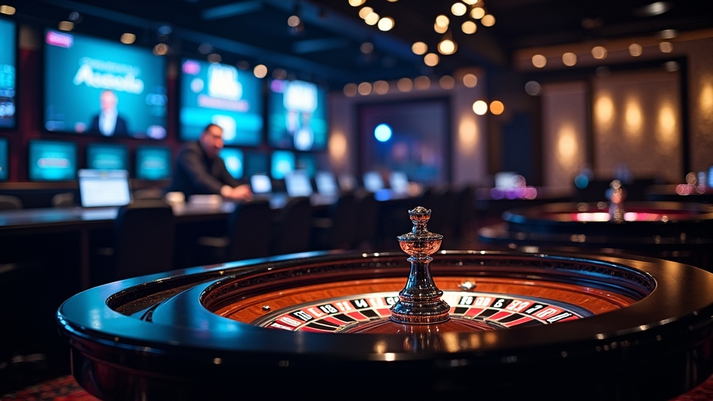 Live-Dealer an einem beleuchteten Roulette-Tisch im dunklen Casino-Studio