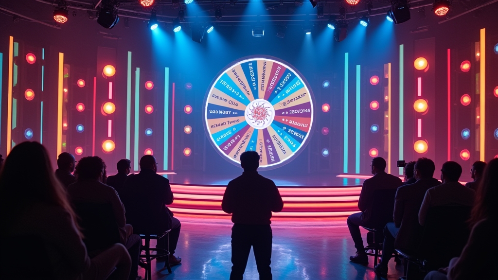 Bunt beleuchtetes Live-Show-Studio mit Host und Bonusrad