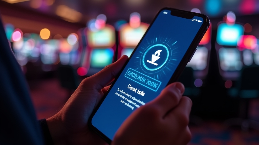 Smartphone mit sicherem Download-Hinweis und prüfender Hand im Casino-Ambiente